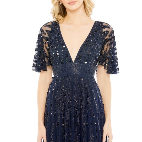 $798‎ Mac Duggal 93784 Sizie 16 Blue Embellished V-Neck Column Gown Maxi Dress - Picture 3 of 4